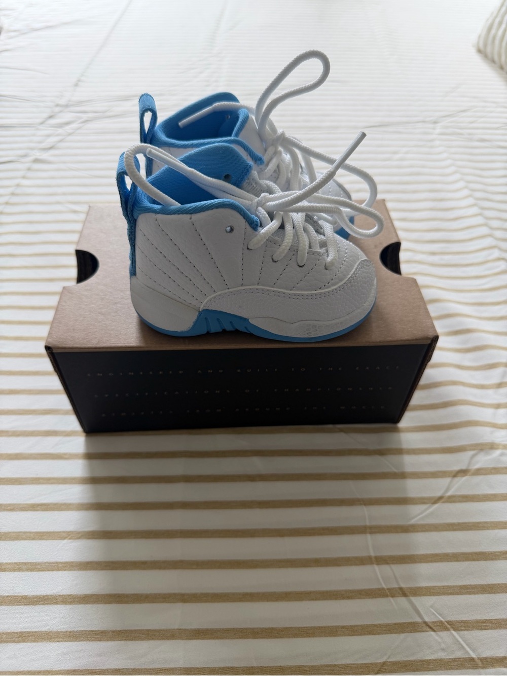 Retro Air Jordan 12 White and Light Blue Kids High-Top Sneakers